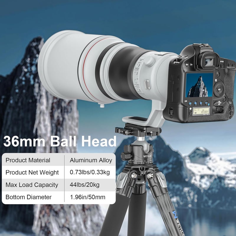 WEYLLAN EH36L Tripod Ball Head with Lever Release, 36mm Low Profile Heavy Duty Ball Head Mount with Arca Swiss Quick Release Plate for Camera Tripod Monopod DSLR Camcorder Telescope,Max Load 44lb/20kg - Image 2